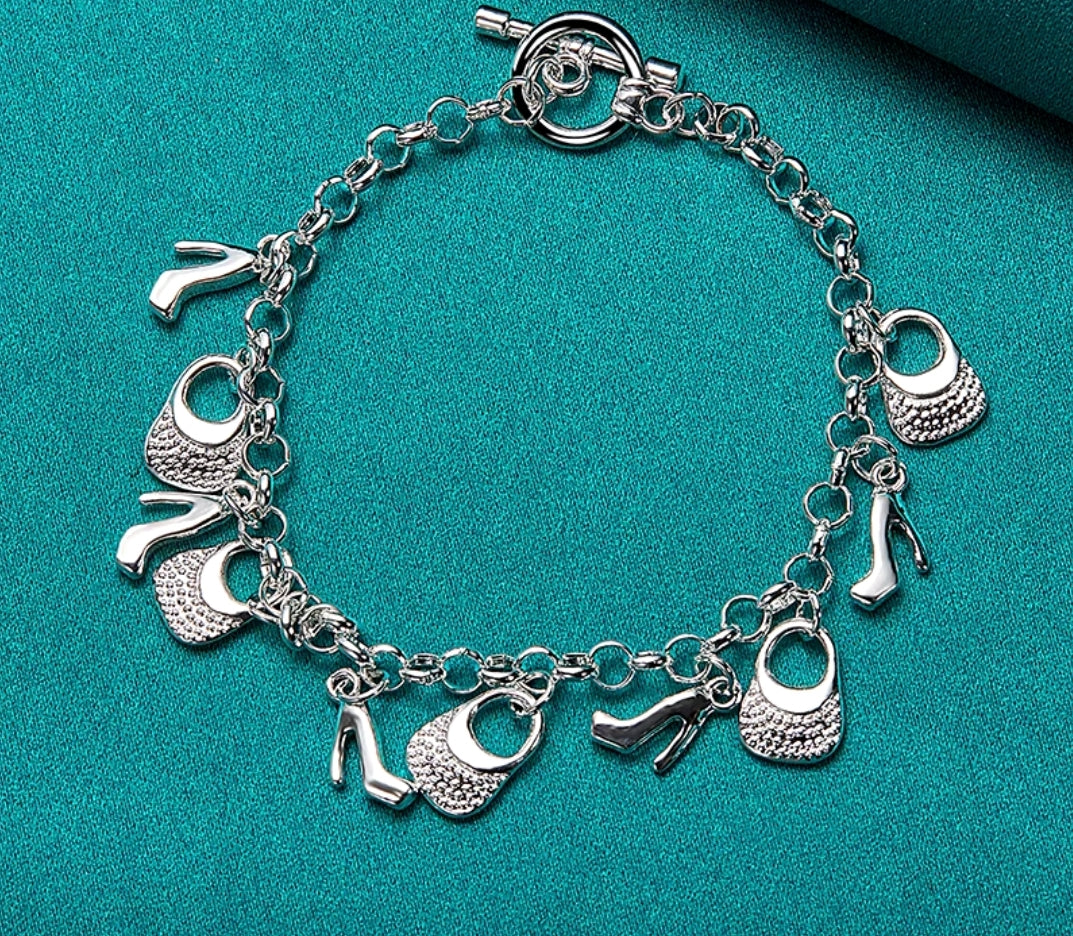 Women 925 Sterling Silver Bracelet Good Luck Heels Bag 8 Inches 3MM Toggle L50 jfj-fashionnjewelry