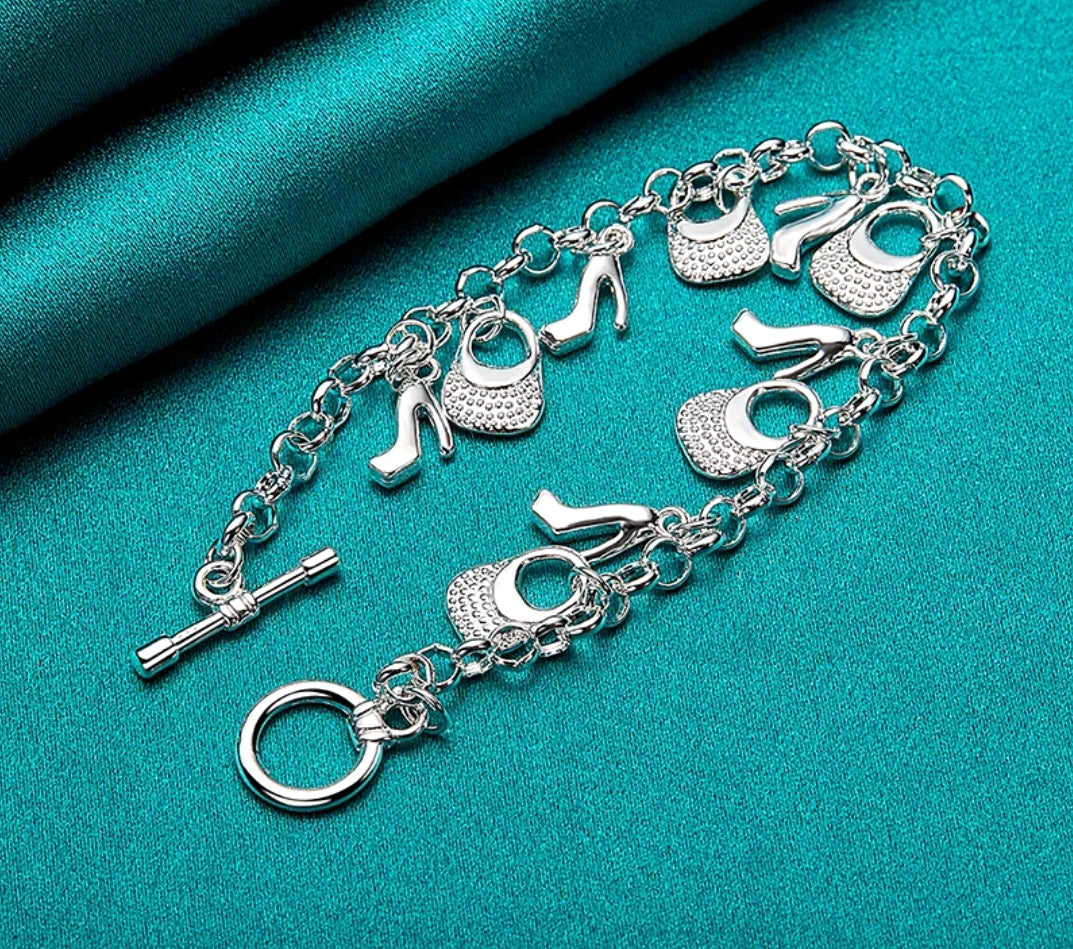 Women 925 Sterling Silver Bracelet Good Luck Heels Bag 8 Inches 3MM Toggle L50  jfj-fashionnjewelry