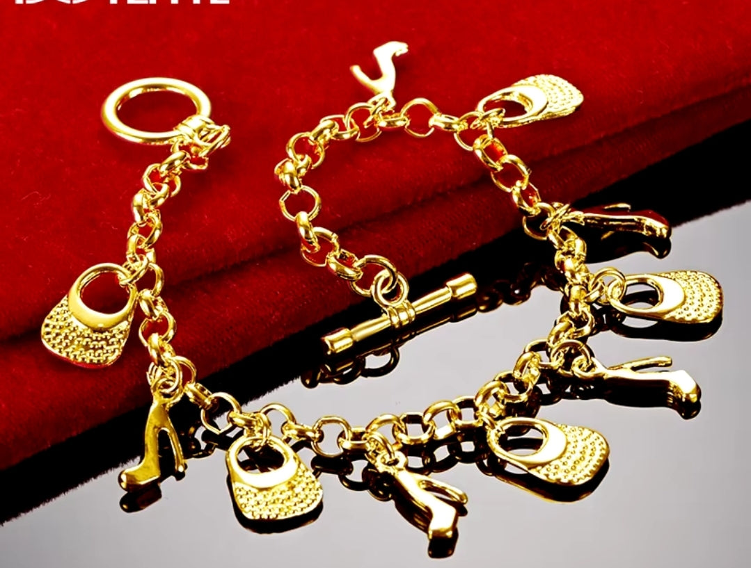 Women 925 Sterling Silver Bracelet Good Luck Heels Bag 8 Inches 3MM Toggle L50  jfj-fashionnjewelry