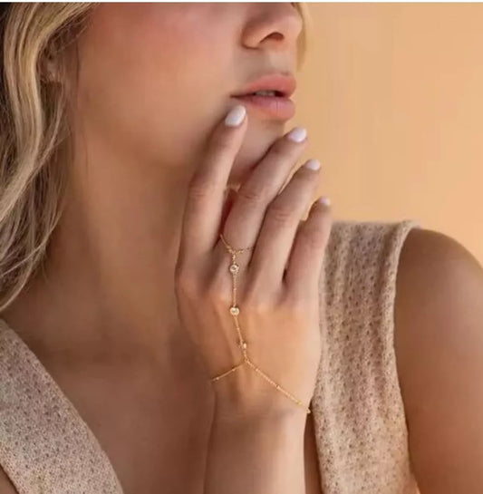 Jeweled Hand Chain Bracelet 14K Plated Gold Stack Finger Ring Silver