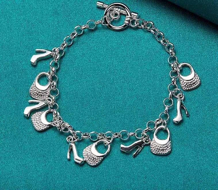Women 925 Sterling Silver Bracelet Good Luck Heels Bag 8 Inches 3MM Toggle L50  jfj-fashionnjewelry