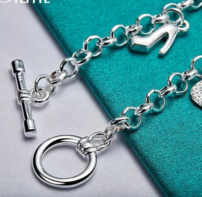 Women 925 Sterling Silver Bracelet Good Luck Heels Bag 8 Inches 3MM Toggle L50  jfj-fashionnjewelry